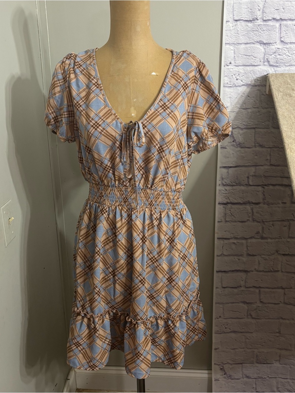 BeBop Light Blue & Tan Plaid Smocked Mini Dress